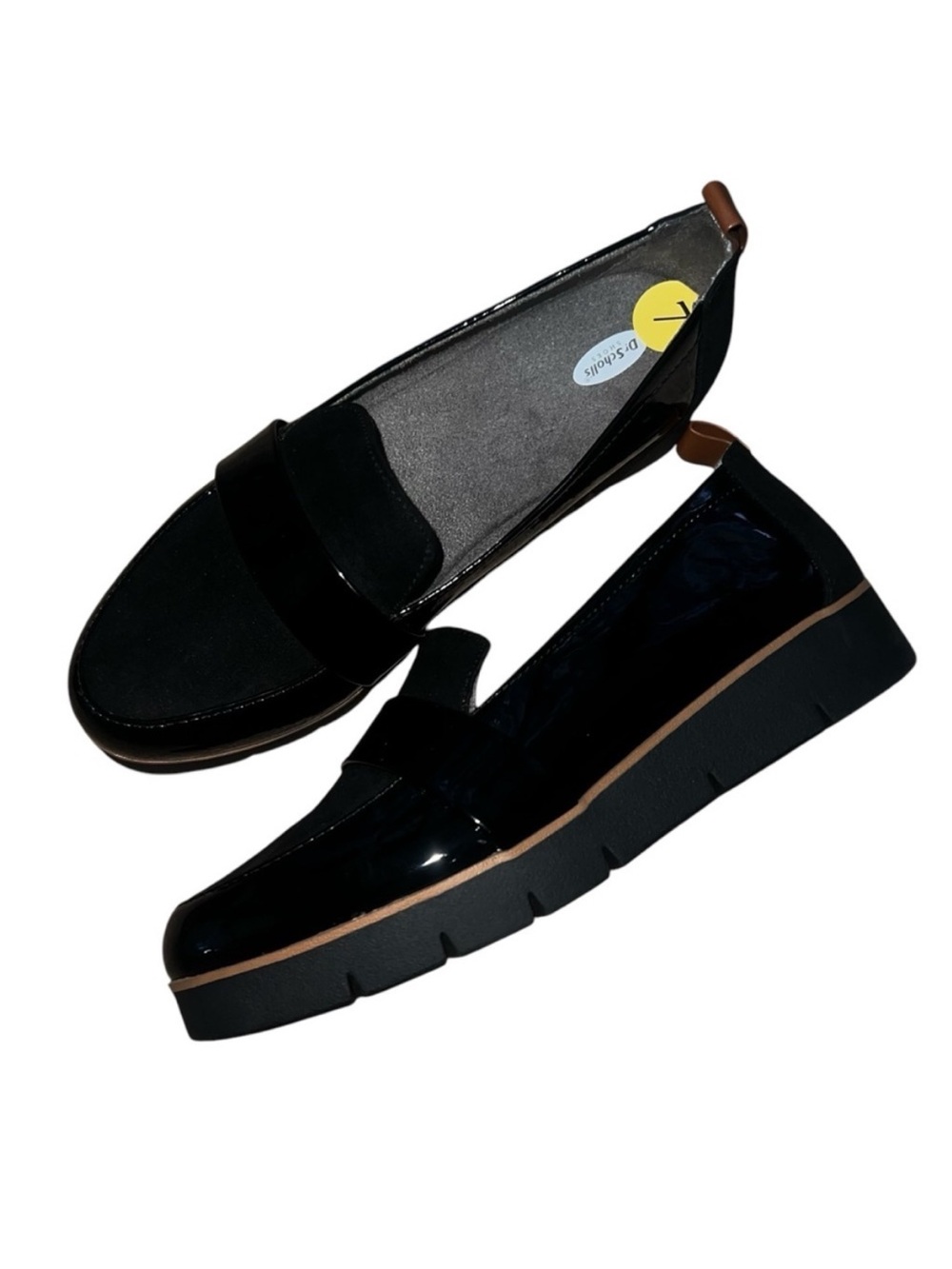 Dr. Scholl's Black Patent & Suede Platform Loafers with Brown Trim